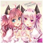  2girls :d ahoge animal_ears blue_eyes blush bow cat_ears collar collarbone dress fang frilled_collar hair_bow hair_bun hairband heart heart_hands heart_hands_duo ichiyou_moka long_hair long_sleeves looking_at_viewer multiple_girls one_side_up open_mouth original pink_dress pink_hair puffy_long_sleeves puffy_sleeves redhead smile translation_request upper_body 