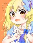  /\/\/\ 1girl alice_margatroid alice_margatroid_(cosplay) alice_margatroid_(pc-98) artist_request blonde_hair blush bow braid brown_eyes cosplay dress embarrassed hair_bow hands_up highres kirisame_marisa long_hair looking_at_viewer no_hat open_mouth orange_background side_braid simple_background single_braid single_tear tearing_up touhou touhou_(pc-98) upper_body white_dress yellow_eyes 