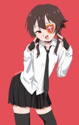  1girl alternate_costume animated animated_gif belt_collar black_gloves black_hair black_necktie black_skirt black_thighhighs blush collar collared_shirt english_commentary eyepatch fingerless_gloves gloves highres kono_subarashii_sekai_ni_shukufuku_wo! leaning_forward looking_at_viewer megumin necktie pleated_skirt red_background red_eyes shirt short_hair_with_long_locks simple_background skirt solo standing thigh-highs waligner white_shirt winking_(animated) 
