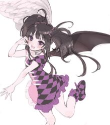  1girl angel_wings argyle_clothes argyle_dress argyle_footwear asymmetrical_wings black_hair blush choker demon_wings dress half-heart_hands kurisu_kaname long_hair looking_at_viewer mismatched_wings ne_824 pink_dress pretty_rhythm pretty_rhythm_aurora_dream pretty_series puffy_short_sleeves puffy_sleeves purple_dress short_sleeves sidelocks simple_background sketch smile solo split-color_clothes twintails violet_eyes white_background wings 