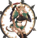  1girl ;d bracelet braid breasts carmelina_(granblue_fantasy) doraf dress fang granblue_fantasy green_dress green_eyes hair_ornament hoop horns hula_hoop jewelry large_breasts light_brown_hair long_hair low-tied_long_hair navel navel_cutout neko_nadeshiko one_eye_closed open_mouth paw_print scissors scissors_hair_ornament short_dress simple_background smile solo twin_braids twitter_username under_boob white_background wide_sleeves 