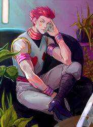  1boy armlet blue_shoes bracelet crossed_legs elbow_rest facial_mark head_rest high_heels highres hisoka_morow house_of_cards hunter_x_hunter jewelry male_focus pants plant red_hair shoes signature sitting solo star_(symbol) vasiliy-plumber white_pants yellow_eyes 