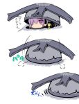  1girl blush chibi expressionless fate/grand_order fate_(series) grail hiding looking_afar lying on_stomach sen_(astronomy) shielder_(fate/grand_order) short_hair translation_request 