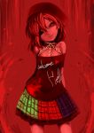  1girl arms_behind_back bare_shoulders black_sclera chain clothes_writing collar contrapposto creepy harusame_(unmei_no_ikasumi) hat head_tilt hecatia_lapislazuli off_shoulder red_eyes redhead shirt skirt solo touhou 