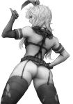  1girl ass elbow_gloves from_behind garter_straps gloves graphite_(medium) hair_ornament hairband imizu_(nitro_unknown) kantai_collection long_hair metal_gear_(series) metal_gear_solid_v monochrome quiet_(metal_gear) quiet_(metal_gear)_(cosplay) shimakaze_(kantai_collection) simple_background solo thigh-highs thong traditional_media underwear 