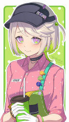  1girl apron black_choker black_visor border breasts chinese_commentary choker closed_mouth coco_(zenless_zone_zero) collared_shirt colored_inner_hair commentary_request cup disposable_coffee_cup disposable_cup drinking_straw ear_piercing gloves green_background green_hair grey_hair highres holding holding_cup looking_at_viewer multicolored_hair name_tag piercing pink_shirt shirt short_hair signature small_breasts smile so_zei_tama_tama solo upper_body violet_eyes visor_cap white_border white_gloves zenless_zone_zero 