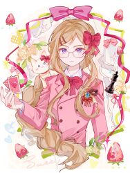  1girl absurdres animal_on_shoulder axis_powers_hetalia blonde_hair braid braided_ponytail brooch card cat cat_on_shoulder chess_piece cropped_torso cubed_(houkuaid) food fruit glasses hair_ornament hair_ribbon hairclip highres holding holding_card jacket jewelry long_hair looking_at_viewer monaco_(hetalia) playing_card ribbon ring single_braid smile solo strawberry violet_eyes 