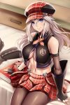  1girl alisa_ilinichina_amiella bare_shoulders blonde_hair blue_eyes blush boots breasts elbow_gloves fingerless_gloves gloves god_eater god_eater:_resurrection hat highres izayoi_kaname large_breasts long_hair looking_at_viewer navel silver_hair skirt smile solo suspenders thigh-highs thigh_boots under_boob 