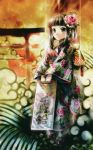  1girl absurdres brown_eyes brown_hair flower highres japanese_clothes kei_(keigarou) kimono original short_hair smile 