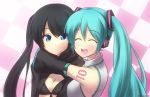  2girls aqua_hair black_bra black_hair black_rock_shooter black_rock_shooter_(character) blue_eyes bra breasts checkered checkered_background cleavage closed_eyes front-tie_top hair_ornament hatsune_miku highres hug multiple_girls number open_mouth twintails underwear vocaloid 