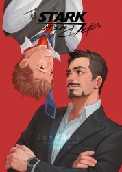  2boys anonoite artist_name black_jacket blue_necktie bodysuit brown_eyes brown_hair buttons closed_mouth collared_shirt commission crossed_arms english_commentary english_text facial_hair formal_clothes grey_vest highres jacket lapels long_sleeves looking_at_another male_focus marvel marvel_cinematic_universe multiple_boys necktie peter_parker red_background red_bodysuit shirt short_hair simple_background smile spider-man spider_web_print suit_jacket superhero_costume tony_stark upper_body upside-down vest watch watch watermark white_shirt 