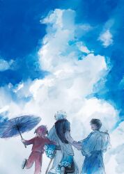  1girl 2boys black_hair black_shirt blue_sky bun_cover clouds cloudy_sky day double_bun from_behind gintama hadanugi_dousa hair_bun highres holding holding_hands holding_umbrella jacket japanese_clothes kagura_(gintama) kimono long_sleeves lushu_kuye multiple_boys oil-paper_umbrella open_clothes open_kimono outdoors pants red_hair red_jacket red_pants sakata_gintoki shimura_shinpachi shirt short_hair short_sleeves sky smile sword umbrella walking weapon white_hair white_kimono wooden_sword 