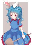  1girl animal_ears beni_shake blue_hair dress earrings jewelry looking_at_viewer low_twintails mallet rabbit_ears red_eyes sash seiran_(touhou) smile solo touhou twintails 