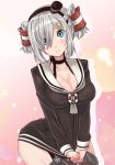  1girl alternate_hairstyle amatsukaze_(kantai_collection) amatsukaze_(kantai_collection)_(cosplay) blue_eyes blush breasts choker cleavage cosplay embarrassed hamakaze_(kantai_collection) kantai_collection large_breasts looking_at_viewer short_hair silver_hair sin_(kami148) solo twintails 