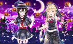  2girls black_dress black_gloves black_hair black_legwear blonde_hair bowtie castle chittranan cosplay dress gloves halloween hat house kantai_collection long_hair miniskirt moon multiple_girls priyaphr pumpkin ribbon shigure_(kantai_collection) siblings sisters skirt star text thigh-highs translated very_long_hair white_gloves witch witch_hat yuudachi_(kantai_collection) 