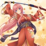  1girl alternate_costume alternate_hairstyle autumn_leaves bangs bit_(keikou_syrup) blue_eyes bow breasts cleavage closed_mouth cowboy_shot floral_print hair_bow holding_sword holding_weapon japanese_clothes kimono lipstick long_hair looking_at_viewer low_ponytail makeup megurine_luka nail_polish obi pink_hair pink_nails print_kimono sash sheath solo sword unsheathing vocaloid weapon white_bow 