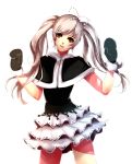  1girl beads black_gloves blush bow brown_eyes frilled_skirt frills gloves green_gloves hair_bow head_tilt jussica long_hair looking_at_viewer mismatched_gloves original parted_lips silver_hair simple_background skirt solo standing twintails white_background white_skirt 