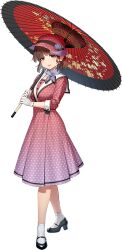  1girl akasaka_yuzu asahi_(kancolle) asahi_(rainy_season)_(kancolle) blue_scarf brown_hair bucket_hat dress full_body gloves gradient_clothes gradient_dress grey_eyes hat kantai_collection mary_janes mole mole_under_mouth official_alternate_costume oil-paper_umbrella polka_dot polka_dot_dress polka_dot_hat red_dress scarf shoes short_hair socks solo standing transparent_background umbrella white_gloves white_socks 