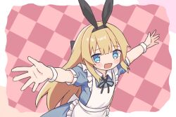  1girl :d alice_(alice_in_wonderland) alice_in_wonderland animal_ears apron arms_up black_hairband black_ribbon blonde_hair blue_dress blue_eyes border bracelet checkered_background dress fake_animal_ears foreshortening frilled_apron frills hairband jewelry long_hair looking_at_viewer neck_ribbon open_mouth outstretched_arms pink_background rabbit_ears ribbon saz_llall short_sleeves sidelocks simple_background smile solo upper_body very_long_hair white_apron white_border 