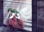  2girls armband ascot boots brown_boots collared_shirt colored_eyelashes commentary_request crying crying_with_eyes_open dissolving dual_persona from_side green_eyes green_hair hair_over_one_eye hair_over_shoulder hand_on_another&#039;s_back hand_on_own_face highres hips kazami_yuuka kazami_yuuka_(pc-98) kikimifukuri knee_boots light_particles light_smile long_hair long_skirt long_sleeves multiple_girls multiple_wings pants plaid plaid_pants plaid_skirt plaid_vest red_eyes sad shirt short_hair sitting skirt stairs stone_stairs stone_wall streaming_tears tears touhou touhou_(pc-98) very_long_hair wall wings 