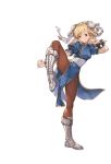  1girl blonde_hair blue_dress boots bracelet brown_eyes brown_legwear china_dress chinese_clothes chun-li chun-li_(cosplay) cosplay cross-laced_footwear double_bun dress eyeshadow fighting_stance flexible full_body game_cg gita_(granblue_fantasy) granblue_fantasy high_collar jewelry lace-up_boots leg_up legs makeup minaba_hideo official_art pantyhose pelvic_curtain puffy_short_sleeves puffy_sleeves ribbon see-through short_hair short_sleeves side_slit simple_background smile solo spiked_bracelet spikes standing_on_one_leg street_fighter transparent_background white_boots white_ribbon 
