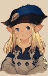  1girl :o blonde_hair blue_eyes final_fantasy final_fantasy_xiv hat hat_feather highres junwool lalafell long_hair open_mouth pointy_ears simple_background solo upper_body 