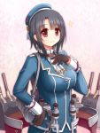  1girl beret black_gloves black_hair gloves hat kantai_collection military military_uniform red_eyes rizuriri short_hair takao_(kantai_collection) uniform weapon 