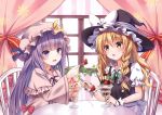  2girls apron blonde_hair blush bow braid capelet chair crease crescent cup curtains food fruit hair_bow hair_ornament hat hat_ribbon highres ice_cream kirisame_marisa kure~pu long_hair long_sleeves looking_at_another mob_cap multiple_girls open_mouth patchouli_knowledge puffy_sleeves purple_hair ribbon scan scan_artifacts shirt short_sleeves side_braid single_braid sitting smile spoon strawberry table touhou vest violet_eyes waist_apron wide_sleeves window witch_hat wrist_cuffs yellow_eyes 