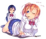  2girls blue_eyes blue_hair blue_skirt blush bow bowtie breasts closed_mouth collared_shirt dress_shirt frown gacchu hair_bow highres kousaka_honoka large_breasts long_hair long_sleeves looking_at_viewer love_live!_school_idol_project lying miniskirt mouth_hold multiple_girls on_stomach one_eye_closed pleated_skirt pocky red_eyes school_uniform shirt short_hair side_ponytail skirt smile socks sonoda_umi striped striped_bow striped_bowtie white_shirt yellow_bow 