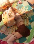  blonde_hair book book_stack bow candy cat_pillow catcan closed_eyes cookie cup digital_media_player food hair_bow hair_ribbon highres ipod lollipop long_hair lying midriff navel on_side pillow pleated_skirt ribbon rug shade skirt sleeping thigh-highs white_legwear wrapped_candy zettai_ryouiki 