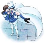  1boy 1girl blue_eyes brown_hair cape carrying formal gloves hat kaitou_kid kneehighs loafers long_hair looking_at_another m_(abcd) meitantei_conan nakamori_aoko necktie princess_carry school_uniform shoes skirt standing suit sweatdrop tile_floor tiles top_hat 