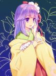  1girl floral_print flower hair_flower hair_ornament hand_on_own_cheek hieda_no_akyuu japanese_clothes kimono long_hair long_sleeves open_mouth purple_hair smile solo tomobe_kinuko touhou upper_body violet_eyes wide_sleeves 