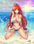  1girl animal ariel_(disney) artist_name bare_arms bare_legs barefoot beach bird blurry blush bow breasts cleavage collarbone crown front-tie_bikini front-tie_top green_eyes hair_bow heart horizon large_breasts lips long_hair looking_at_viewer mabong1989 midriff navel ocean outdoors parted_lips redhead sand seagull sitting sitting_on_water solo spoken_heart starfish strapless_swimsuit sun sunlight swimsuit the_little_mermaid very_long_hair wariza water water_drop watermark web_address wet 