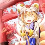  1girl animal_ears blonde_hair broom fangs fox_ears fox_tail hat holding leaf long_sleeves maple_leaf multiple_tails open_mouth outdoors pillow_hat short_hair slit_pupils smile solo tail tamasan tassel torii touhou yakumo_ran 