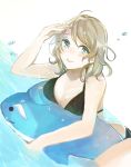  1girl alice-yuki bikini blue_eyes brown_hair dolphin inflatable_toy love_live!_school_idol_project love_live!_sunshine!! salute short_hair swimsuit watanabe_you 