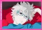  androgynous blue_eyes character_request copyright_request glasses looking_at_viewer nakamura_yutaka pale_skin solo text white_hair 