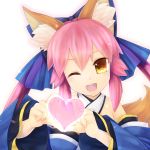  1girl animal_ears bare_shoulders bow breasts caster_(fate/extra) cleavage detached_sleeves fate/extra fate/stay_night fate_(series) fox_ears fox_tail hair_bow hair_ribbon heart heart_hands japanese_clothes long_hair one_eye_closed open_mouth pink_hair ribbon semi_(delcatty) simple_background solo tail twintails white_background yellow_eyes 