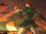  1girl aelia armor green_eyes polearm redhead solo spear sunset tagme valkyrie_profile weapon 