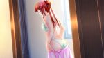  1girl asakura_sayumi bra closed_eyes green_bra green_panties hair_ornament indoors long_hair panties pink_skirt pleated_skirt redhead sister_scheme_3 skirt solo underwear undressing window 