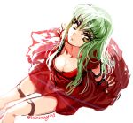  1girl breasts c.c. cleavage code_geass creayus detached_sleeves dress green_hair long_hair looking_at_viewer parted_lips red_dress simple_background sitting solo thigh_strap twitter_username white_background yellow_eyes 