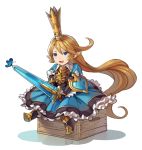 1girl :d armor armored_boots blonde_hair blue_eyes butterfly charlotte_(granblue_fantasy) crown dress full_body gauntlets granblue_fantasy holding holding_sword holding_weapon long_hair open_mouth pointy_ears sitting smile solo srx61800 sword very_long_hair weapon white_background wooden_box 