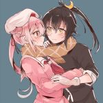  2girls ahoge beret black black_hair blue_background blush female_admiral_(kantai_collection) gloves gradient_hair harusame_(kantai_collection) hat itomugi-kun kantai_collection looking_at_another moon multicolored_hair multiple_girls pink_eyes pink_hair pixiv_manga_sample ponytail scarf school_uniform serafuku shared_scarf sweater yellow_eyes yuri 