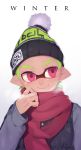  1boy bobblehat breath buttons coat domino_mask etsuo green_hair hat inkling jacket long_sleeves looking_to_the_side mask pink_eyes pointy_ears purple_jacket red_scarf scarf simple_background smile solo splatoon tentacle_hair white_background winter winter_clothes winter_coat 