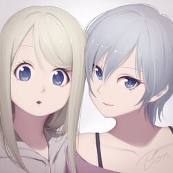  2girls anastasia_(idolmaster) ayase_arisa blonde_hair blue_eyes bon_nob crossover hair_ornament hairclip idolmaster idolmaster_cinderella_girls love_live!_school_idol_project multiple_girls russian short_hair silver_hair smile trait_connection 