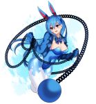  1girl animal_ears azumarill bangs blue_eyes blue_hair blush bowtie breasts bunnysuit cleavage earrings jewelry katagiri_hachigou open_mouth pantyhose personification pokemon rabbit_ears sidelocks smile solo wrecking_ball 