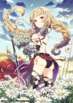  1girl armor ass bangs belt bikini_armor black_panties blonde_hair blue_sky blunt_bangs boots bouquet braid breasts copyright_name cross daisy field floating_hair flower flower_field from_side gauntlets h2so4 hair_flower hair_ornament hairband long_skirt looking_at_viewer outdoors panties petals qurare_magic_library red_eyes red_skirt shoulder_pads side_slit sideboob skirt sky smile solo standing sword thigh-highs thigh_boots twin_braids underwear weapon 