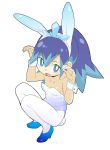  1girl animal_ears aqua_eyes aqua_hair bare_shoulders bunny_tail bunnysuit from_above fubukihime high_heels high_ponytail long_hair looking_at_viewer multicolored_hair ookamiuo open_mouth pantyhose purple_hair rabbit_ears simple_background solo squatting tail two-tone_hair white_background white_legwear wrist_cuffs youkai youkai_watch 