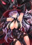  1girl arms_up bare_shoulders belt between_breasts bow breasts buckle cleavage closed_mouth cowboy_shot gloves glowing glowing_eyes granblue_fantasy hair_between_eyes hat hat_bow huge_breasts kimura_neito lace long_hair looking_at_viewer magisa_(granblue_fantasy) monster purple_hair red_eyes side_slit sleeveless smile solo very_long_hair witch_hat 