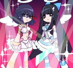  2girls angel_wings black_hair commentary_request cosplay creator_connection cross-laced_legwear dress frills halo kill_la_kill kiryuuin_satsuki long_hair matoi_ryuuko midriff multiple_girls panty_&amp;_stocking_with_garterbelt panty_(psg) panty_(psg)_(cosplay) parody short_hair stocking_(psg) stocking_(psg)_(cosplay) striped striped_legwear style_parody sword thigh-highs trait_connection weapon wings yunkru 