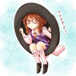  1girl bow brown_hair glasses hat hat_bow low_twintails plaid red-framed_glasses ribbon school_uniform shirt short_hair skirt smile solo tamasan touhou twintails usami_sumireko 